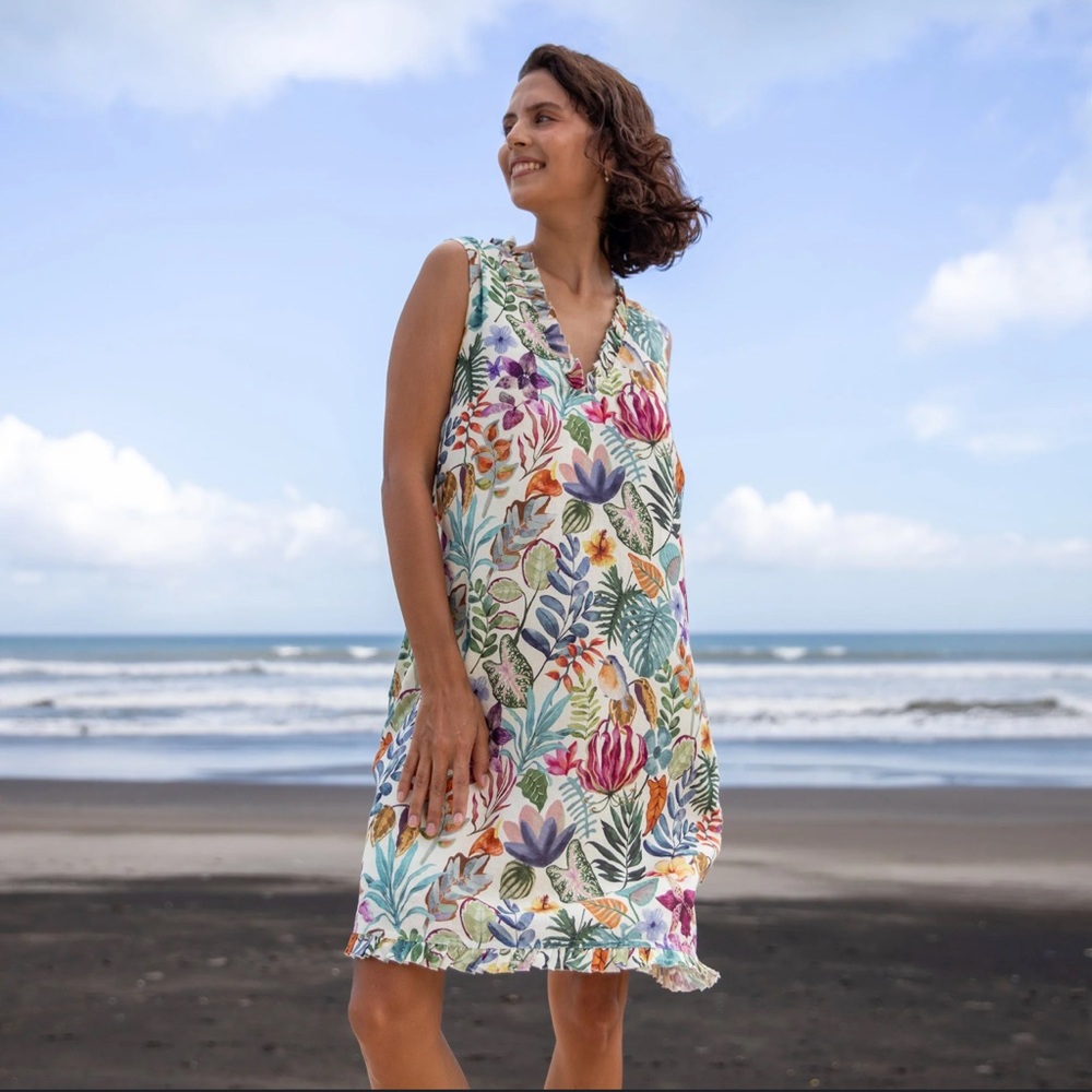 YIUME Afternoon Garden Dress Hawaiian Tropical Linen Blend‎ Dress Women’s Sz S